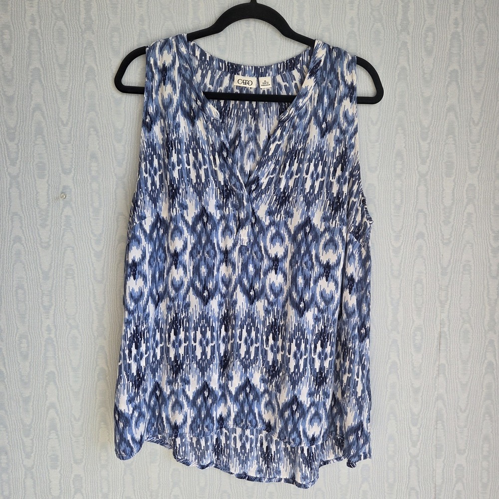 Cato Womens XL Swing Tank Top Blue White Ikat Abstract Flowy Rayon Boho Fairy